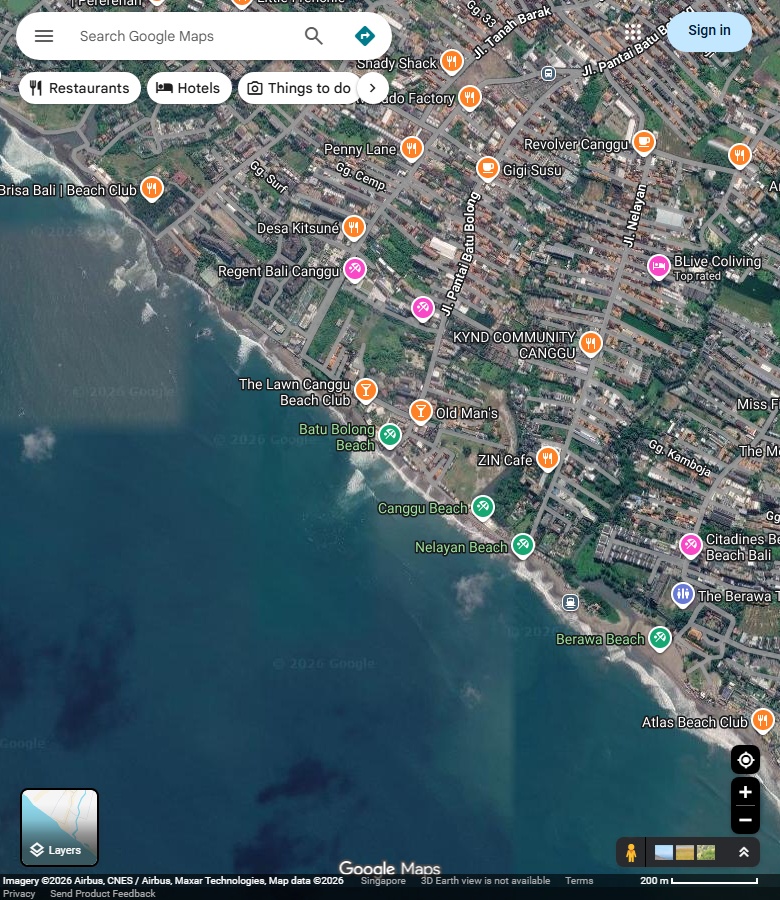 Canggu的Batu Bolong与Old Man’s邻近岸段，未覆盖全部Echo浪区。 Google Maps卫星图；2026-09-10查看，北向上。
