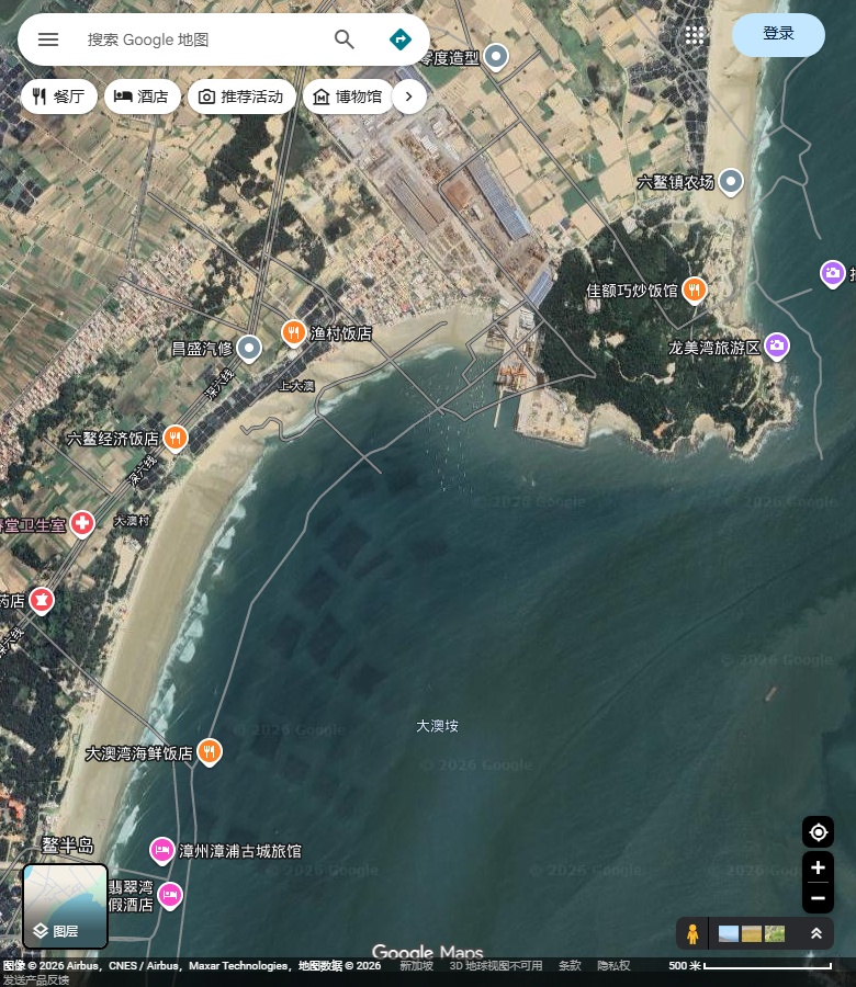 六鳌大澳附近沙岸、村落、林带及突出岸体。 Google Maps卫星图;2026-09-10查看,北向上。