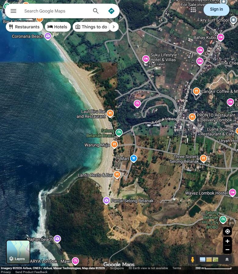 Selong Belanak东侧主沙岸、湾曲与岸后道路；图中未定位教学集合点。 Google Maps卫星图；2026-09-10查看，北向上。