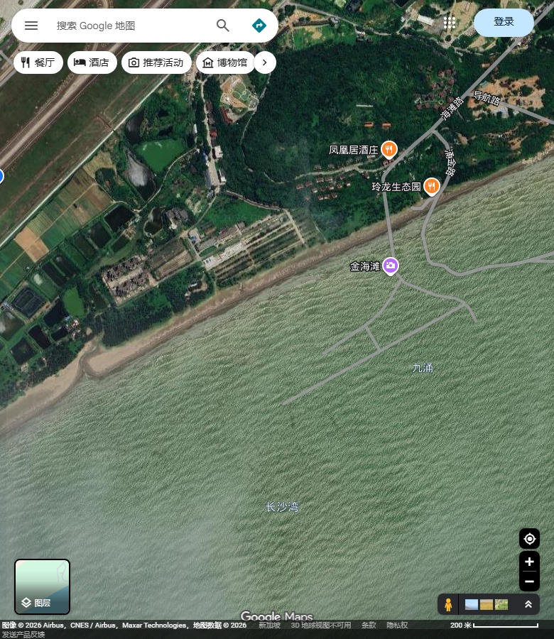 珠海金沙滩（金海滩标签）沿线的长沙岸、林带与岸后地块。 Google Maps卫星图；2026-09-10查看，北向上。